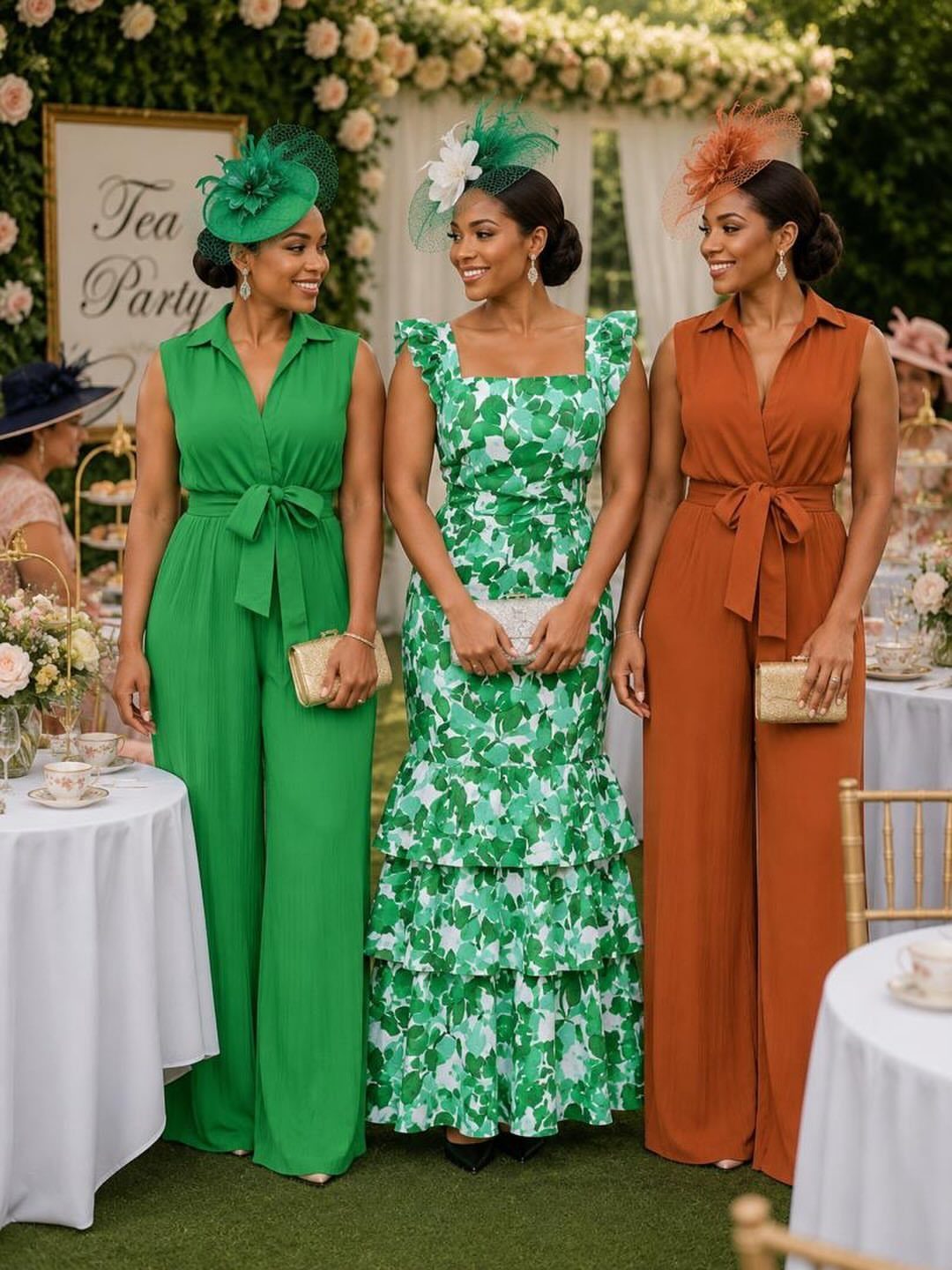 Three women in elegant tea party attire, including green and orange sleeveless jumpsuits.