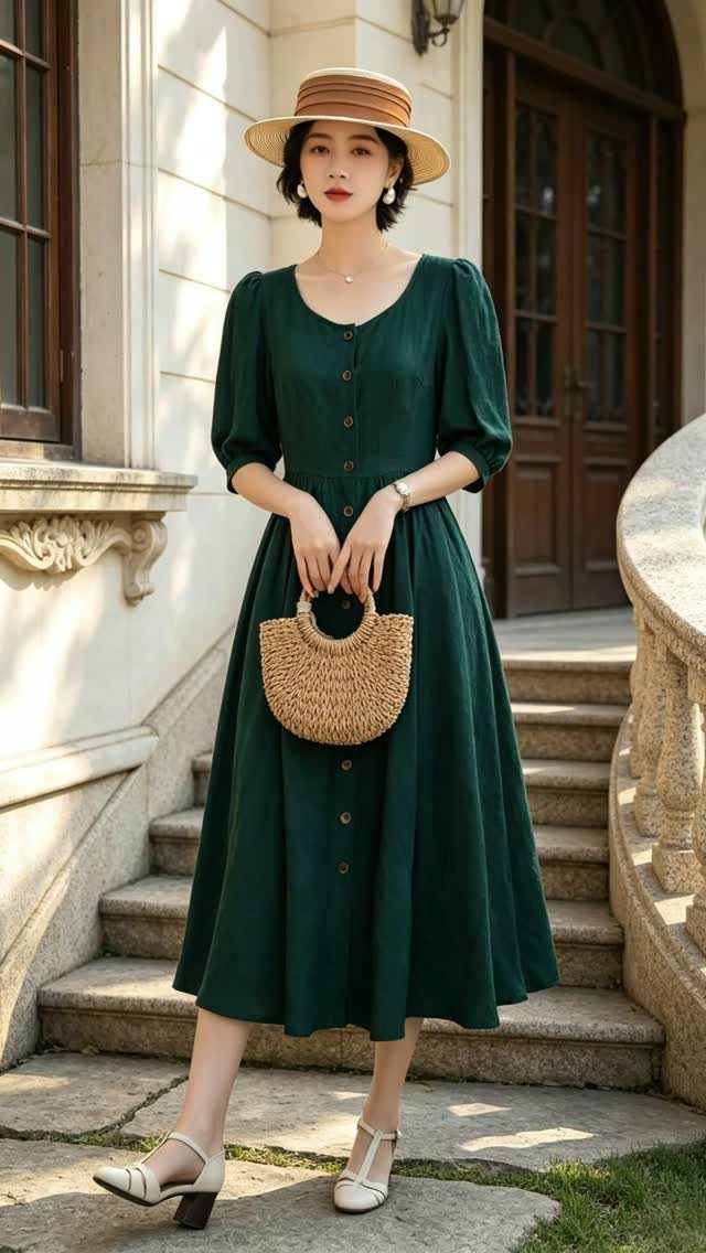 Woman in a dark green midi dress with a straw hat and wicker bag.