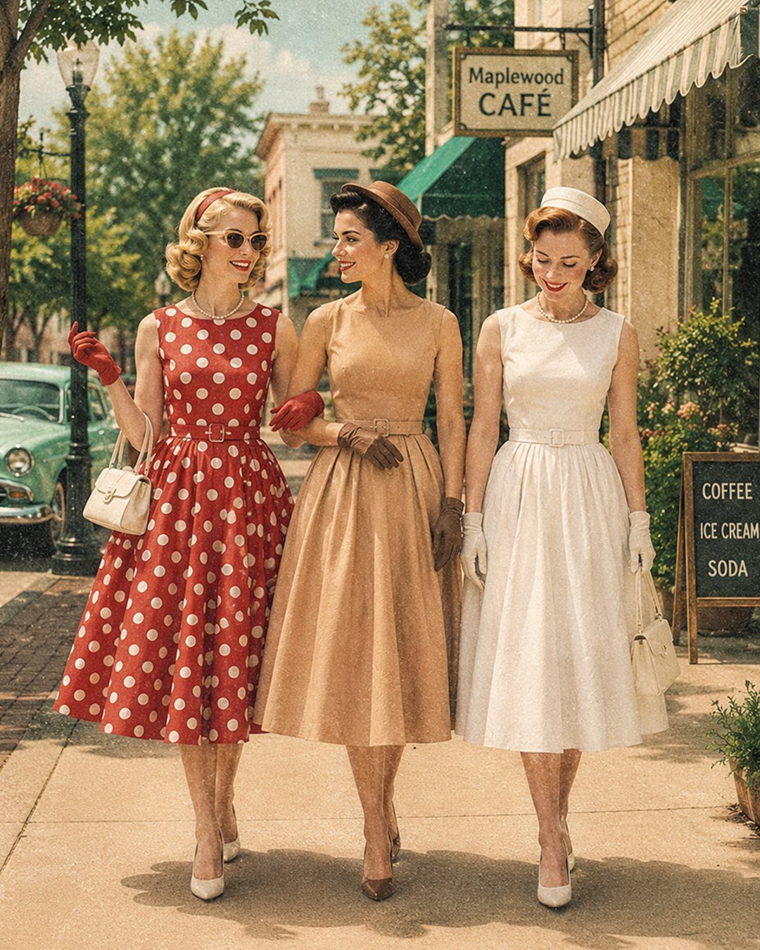 Three women wearing vintage 1950s style tea length dresses walking on a city street.