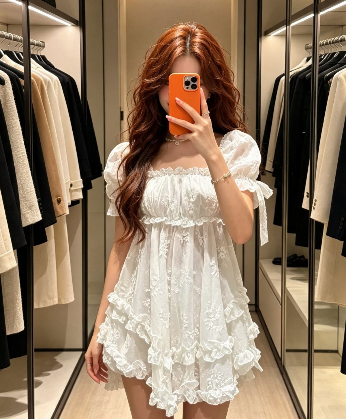 Woman in a short white babydoll dress with ruffles and puff sleeves.