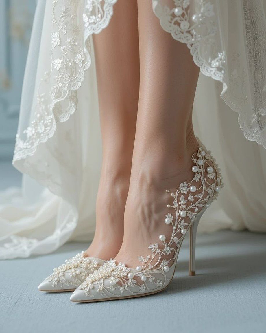 White bridal high heels with lace and pearls worn with a wedding dress.
