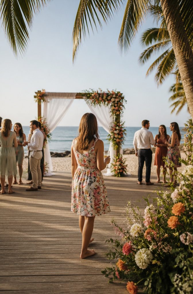 A lightweight, knee-length dress suitable for a relaxed wedding setting.