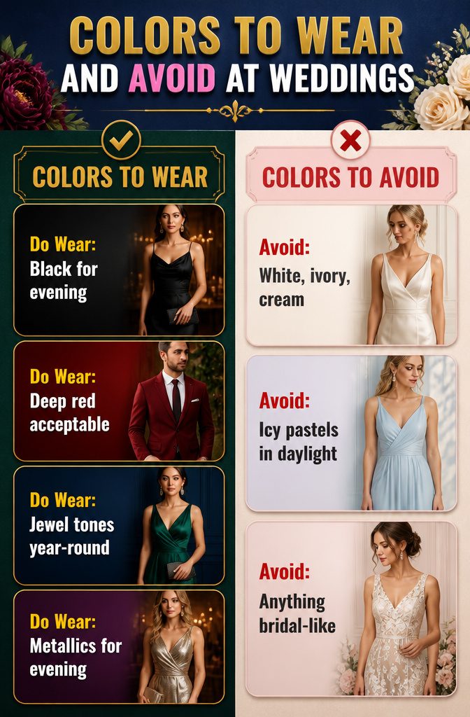 A color palette showing suitable and unsuitable colors for weddings.