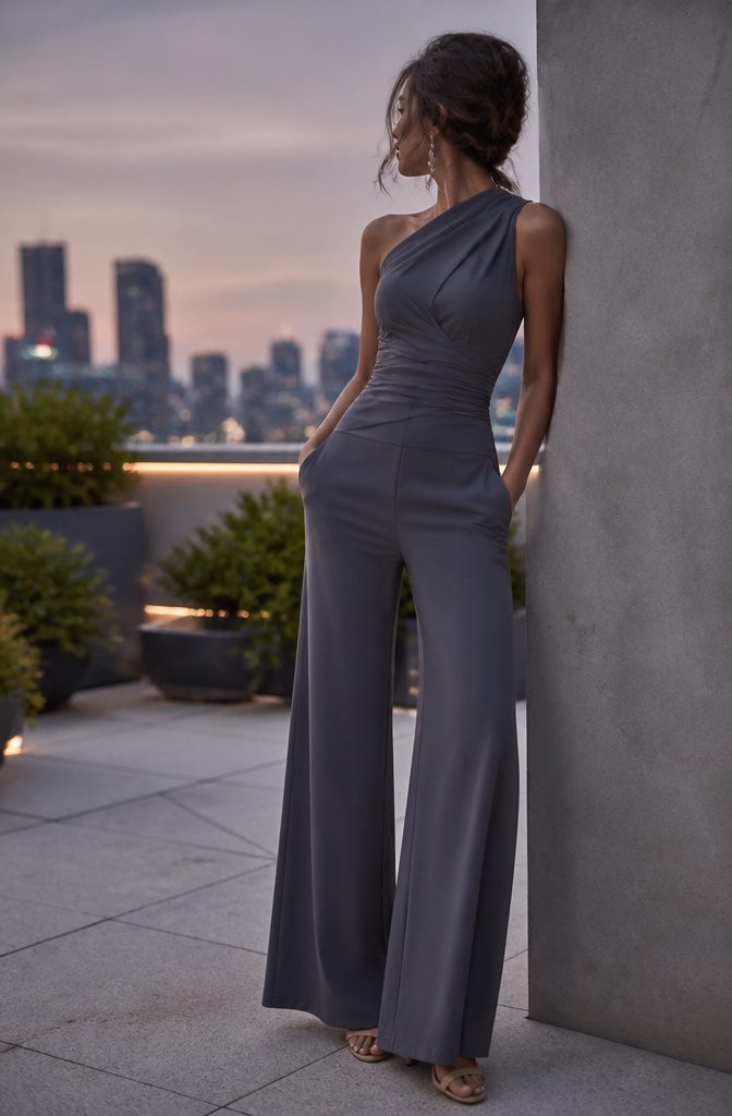 A formal tailored jumpsuit in a luxurious fabric.