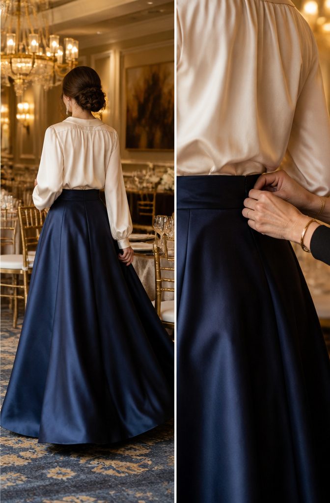 A stylish outfit featuring a silk blouse and a floor-length satin skirt.