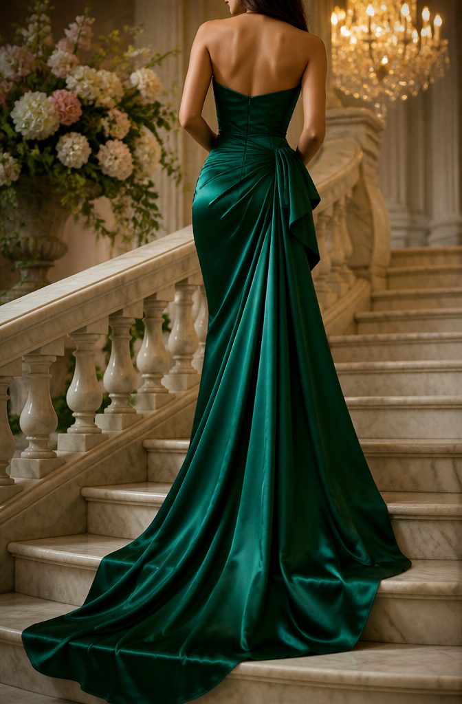 A long evening gown in luxurious fabric suitable for formal events.