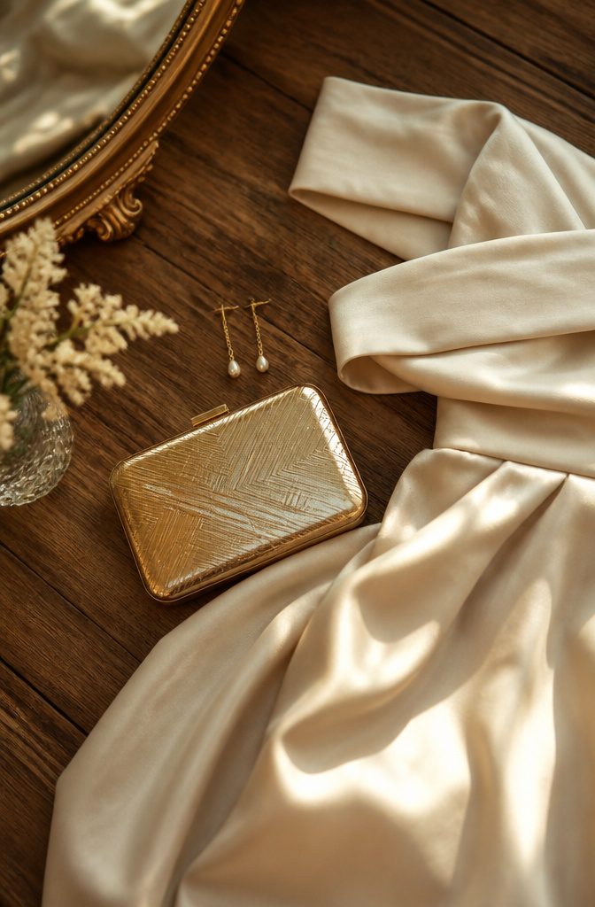 A small clutch and dainty earrings paired with a formal dress.