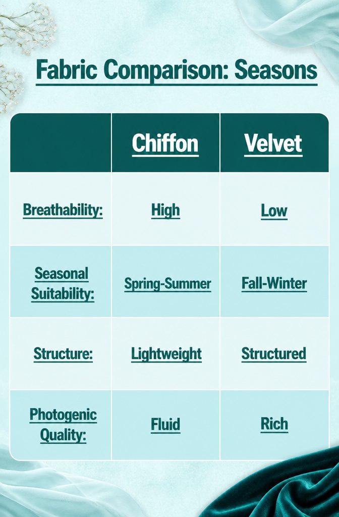 A comparison of fabrics suitable for different wedding seasons.