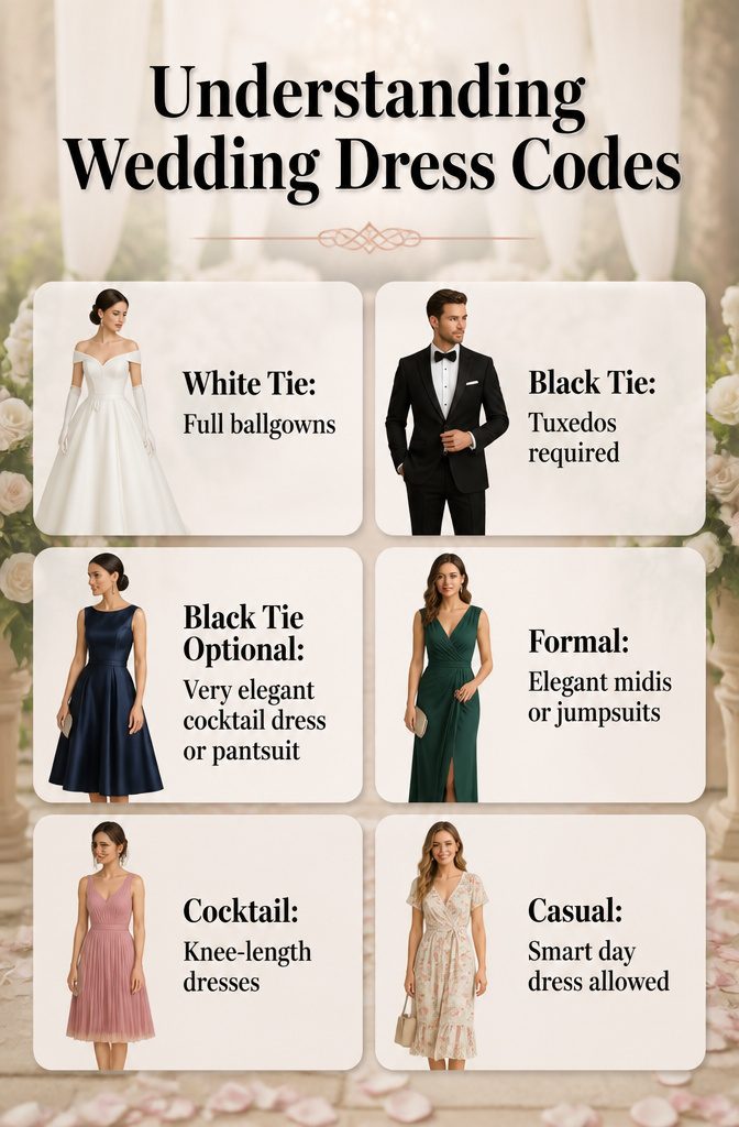 An infographic explaining various wedding dress codes.