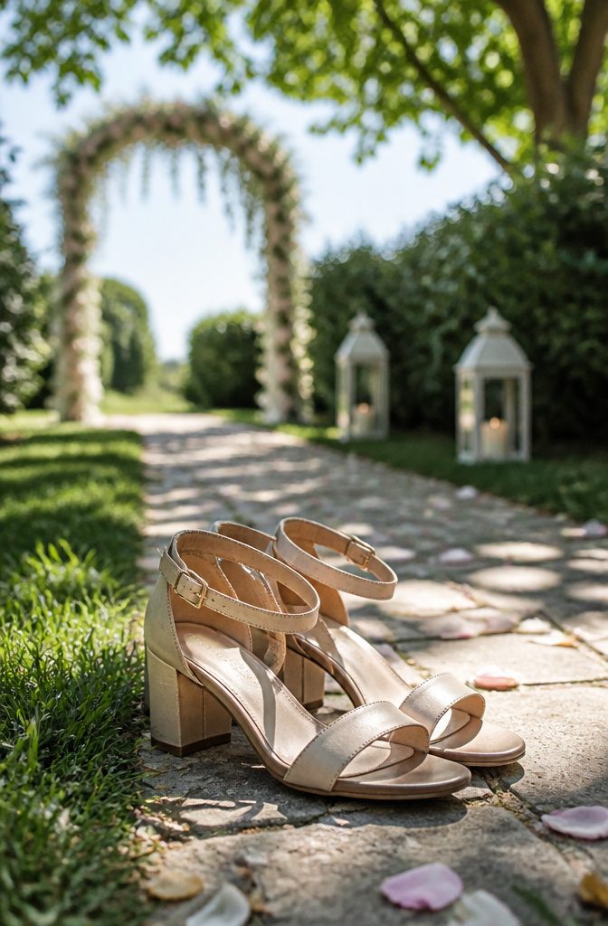 Elegant block heels placed on a garden path.