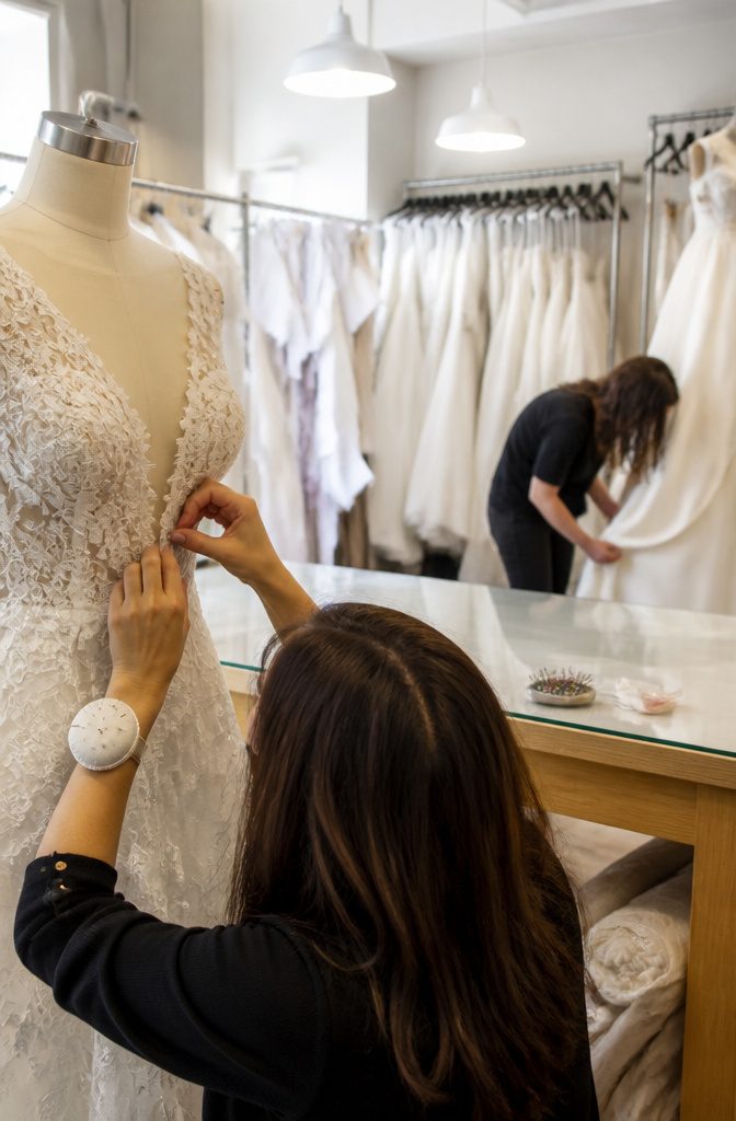 Seamstresses altering wedding gowns in a well-equipped alterations room.