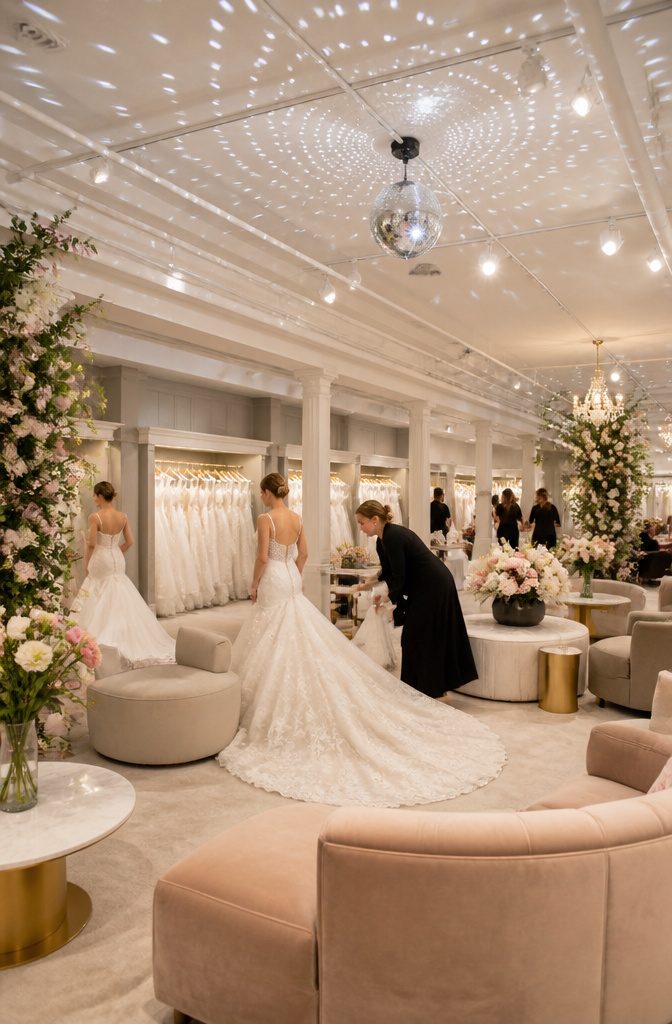 A vibrant showroom filled with brides trying on wedding dresses.