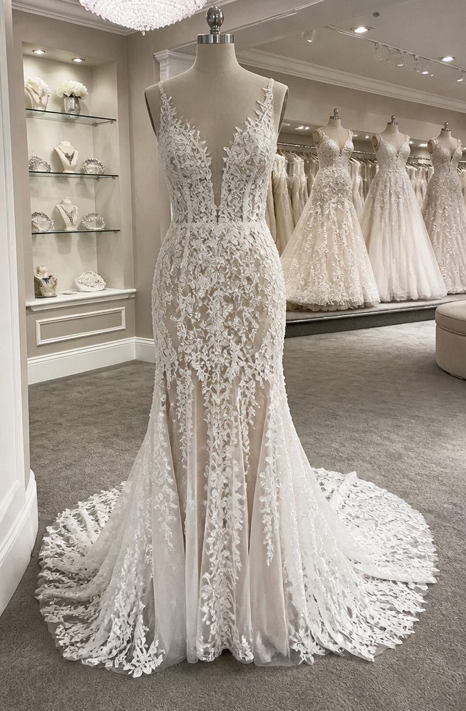 Display of Pnina Tornai wedding gowns in a dedicated boutique.