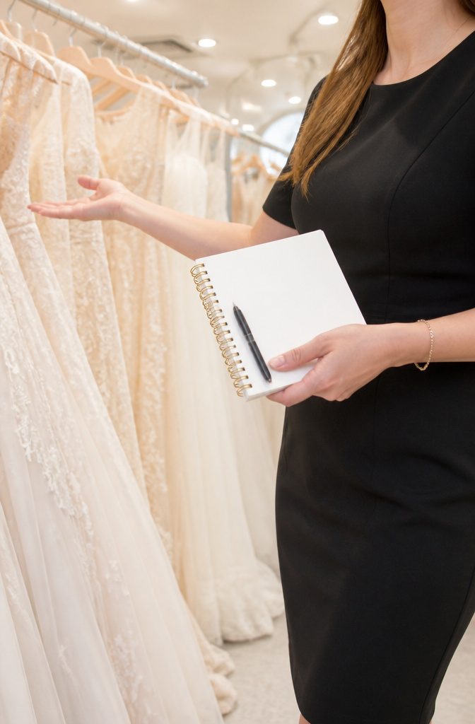 Consultant showing dresses to a bride based on her budget.