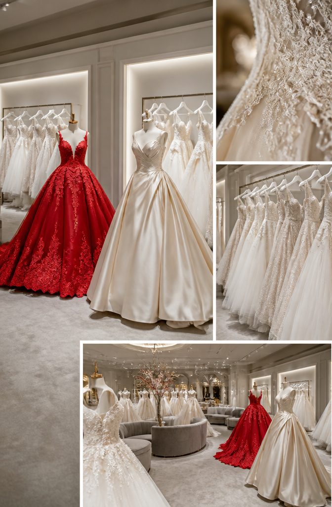 Display of various wedding dresses available at Kleinfeld.