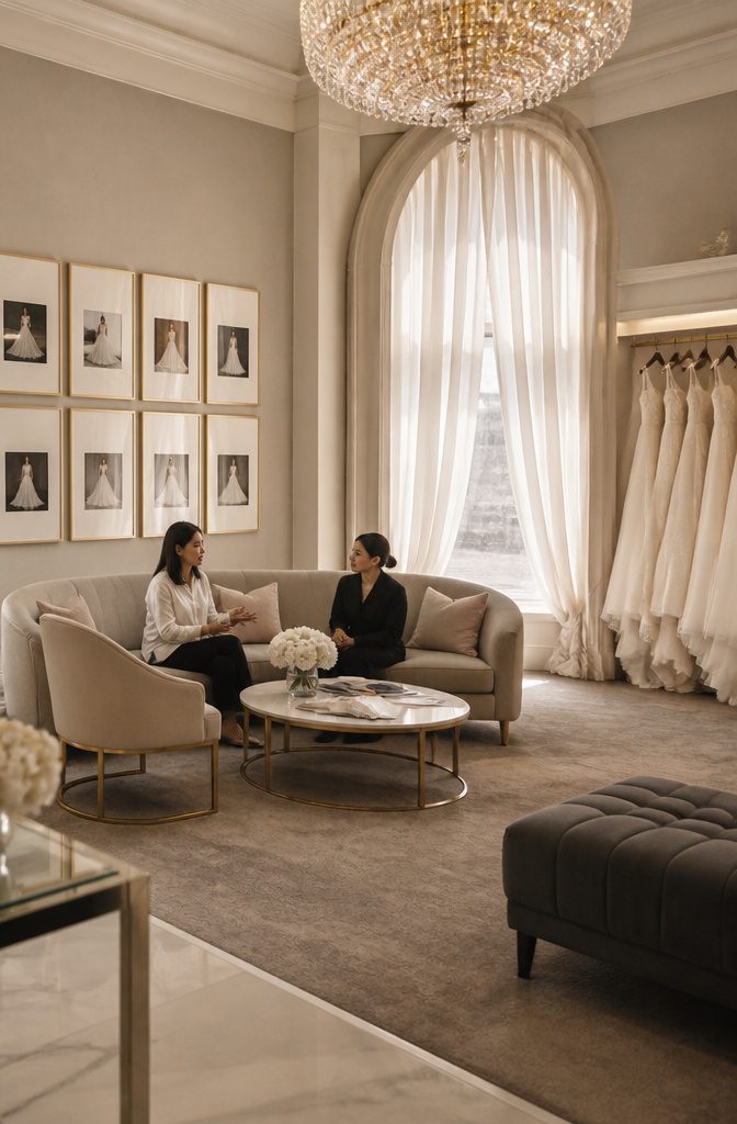 Bride discussing dress preferences with a consultant in a fitting room.