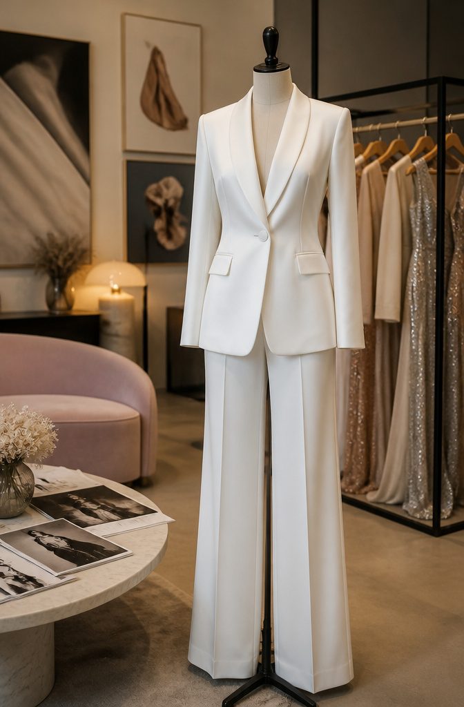 A display of contemporary bridal attire at Front Row London.