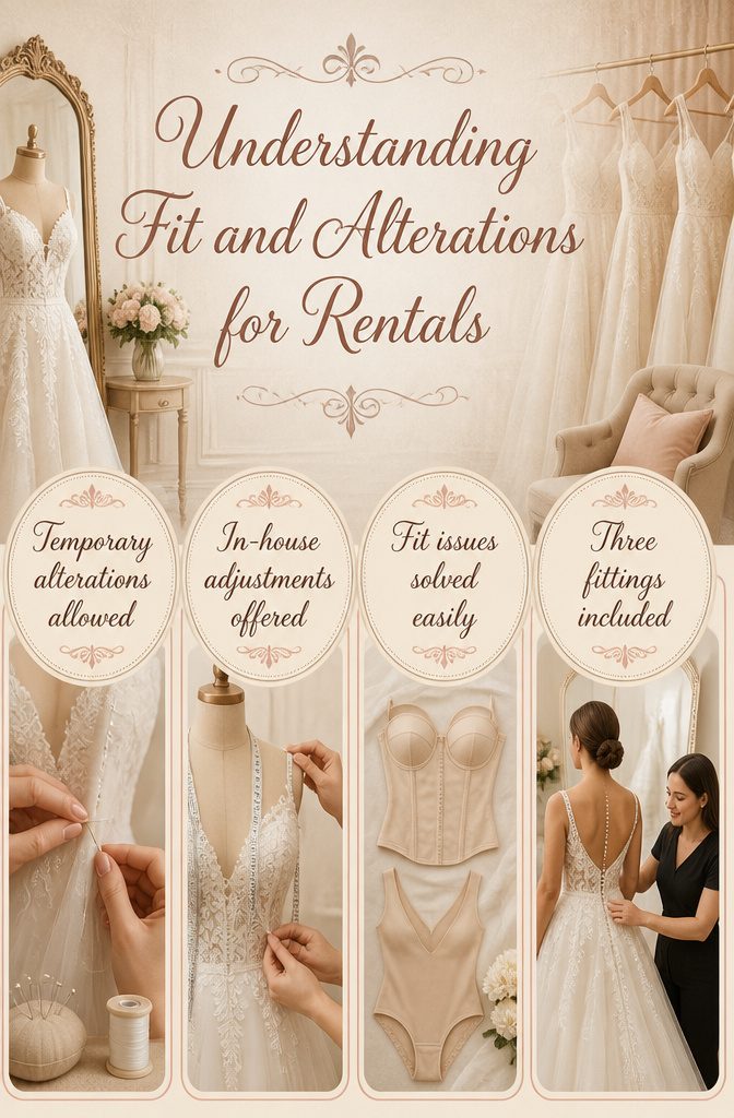A visual guide to fit and alterations for rental dresses.