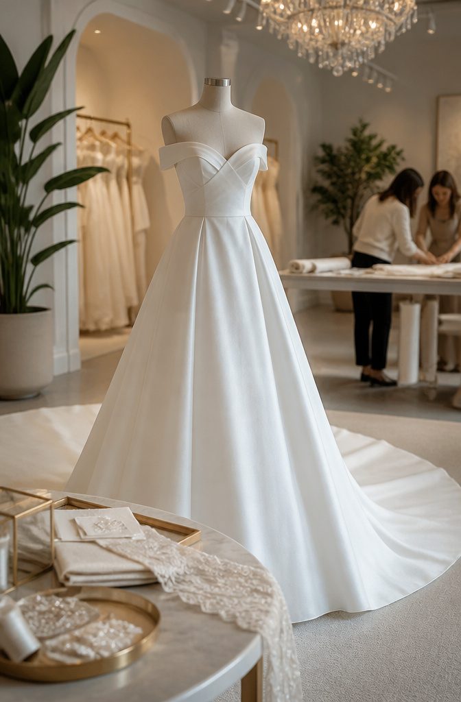 A photo featuring designer wedding dresses at Laine London.