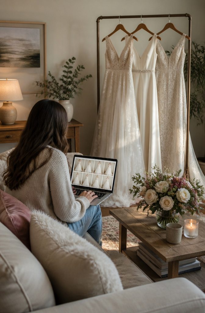 A selection of preloved wedding dresses from Something Borrowed.