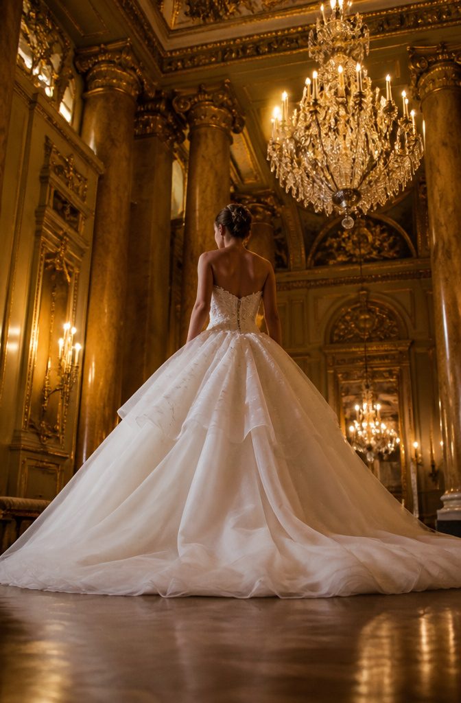 Wedding gown with a close-fitting bodice and wide layered skirt