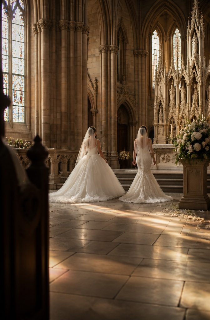 Bride in a full-skirted wedding gown with a long train in a formal venue