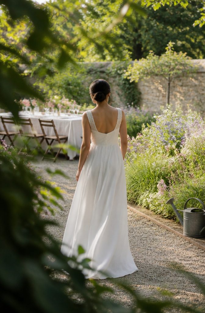 Ivory silk wedding dress with a high seam and loose flowing skirt
