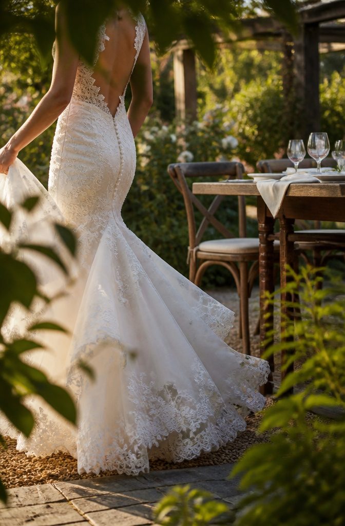 Wedding dress with a fitted bodice and a skirt flaring below the hips