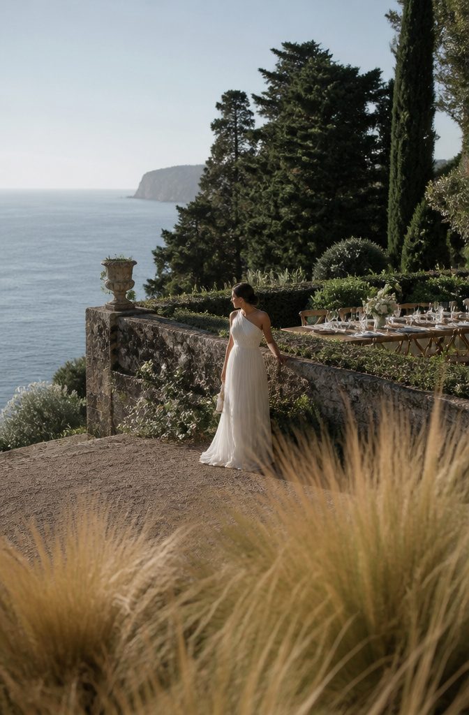 Wedding gown with soft pleats and asymmetric draping at the bodice