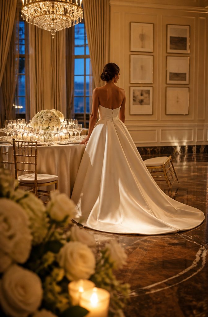 Bride in a duchess satin ballgown beside a round ballroom table