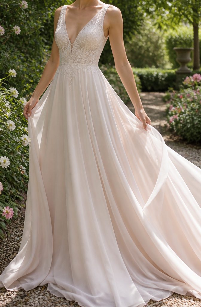 Wedding dress with a fitted bodice and skirt that widens toward the hem