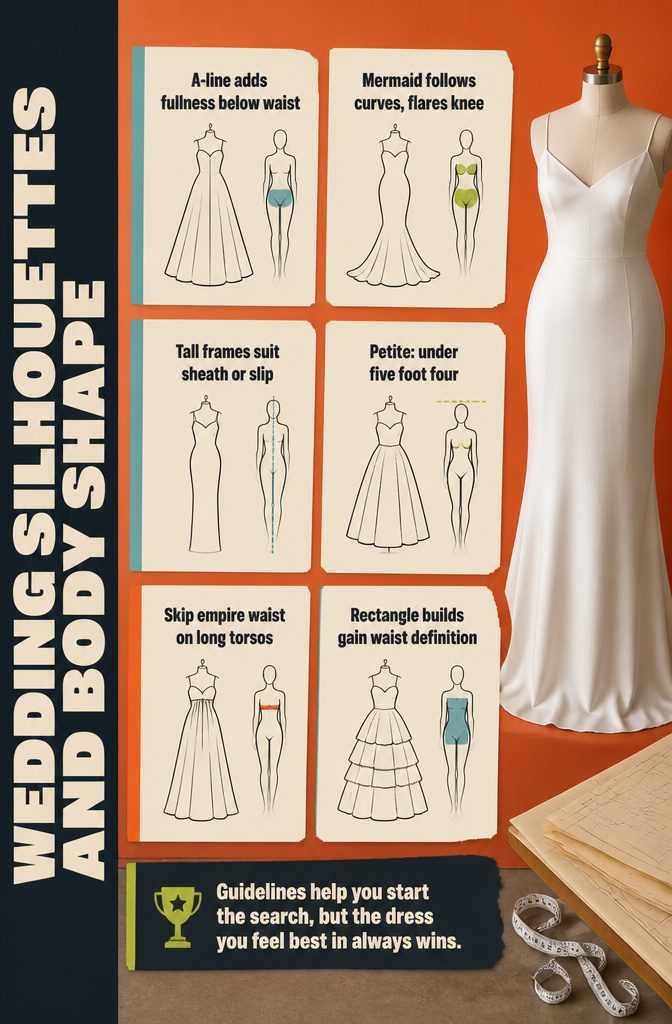 Fashion chart matching wedding dress silhouettes with illustrated body shapes