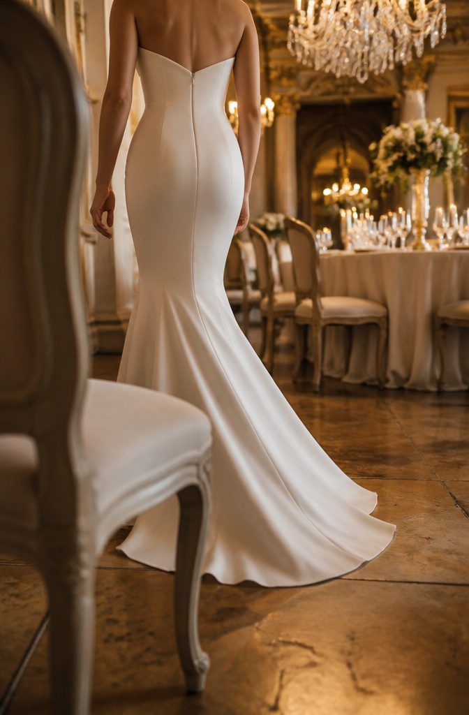 Wedding dress fitted through the hips and knees with a flared floor-length hem