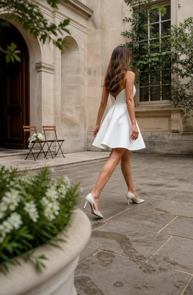 Short wedding dress with a hem above the knee and visible shoes