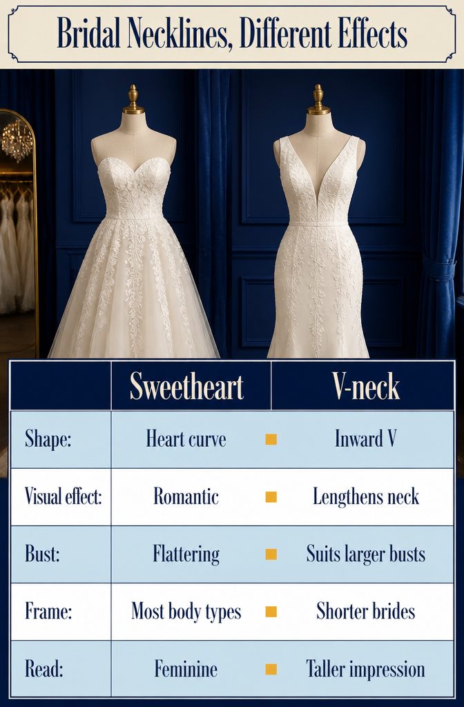 Bridal neckline diagram with sweetheart and V-neck shapes