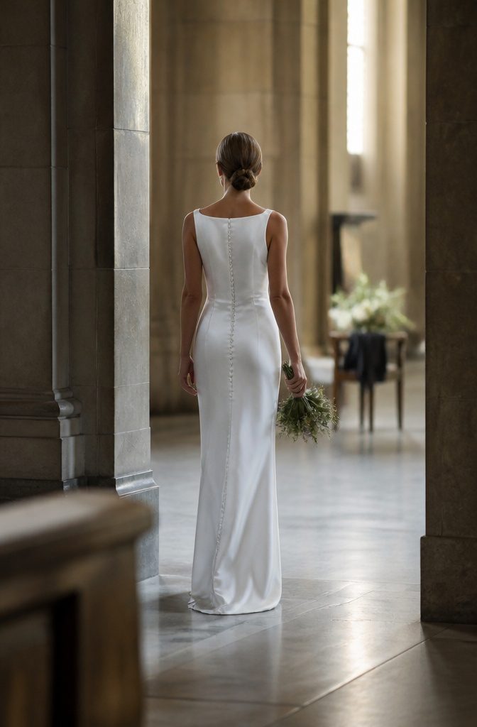 Wedding gown with a narrow straight cut from shoulders to hem