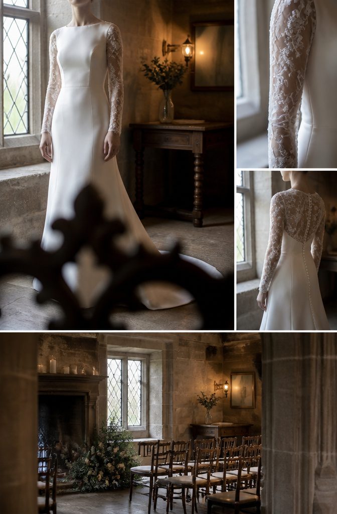 Wedding gown with long sheer lace sleeves from shoulder to wrist