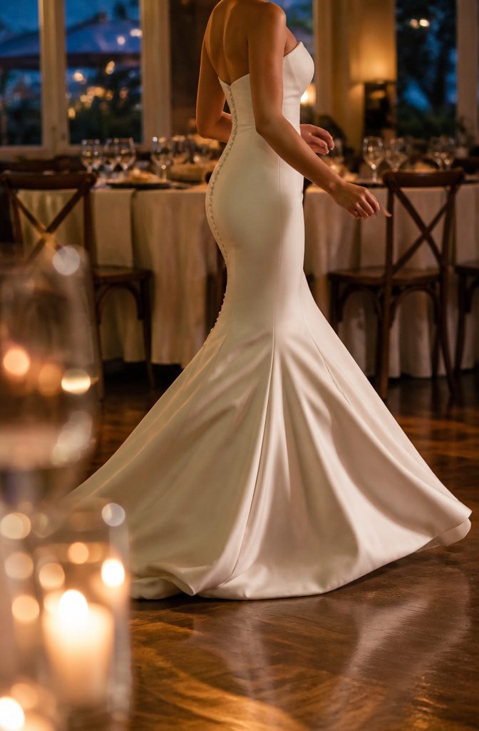 Wedding dress hugging the torso and hips with a skirt flaring at mid-thigh