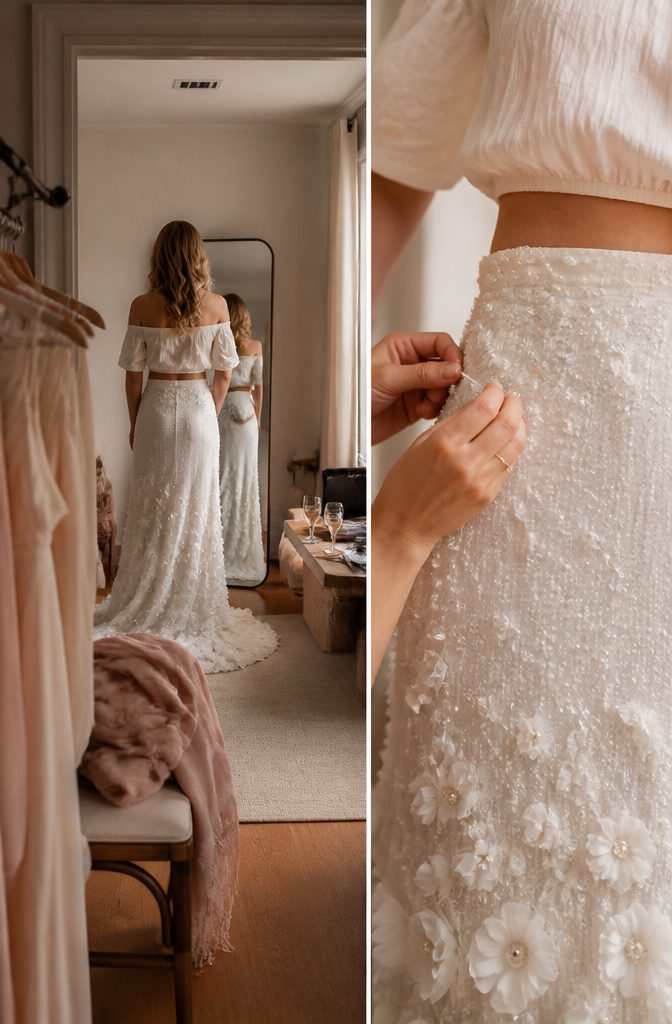 Bridal crop top and skirt worn as separate pieces with a visible waist gap