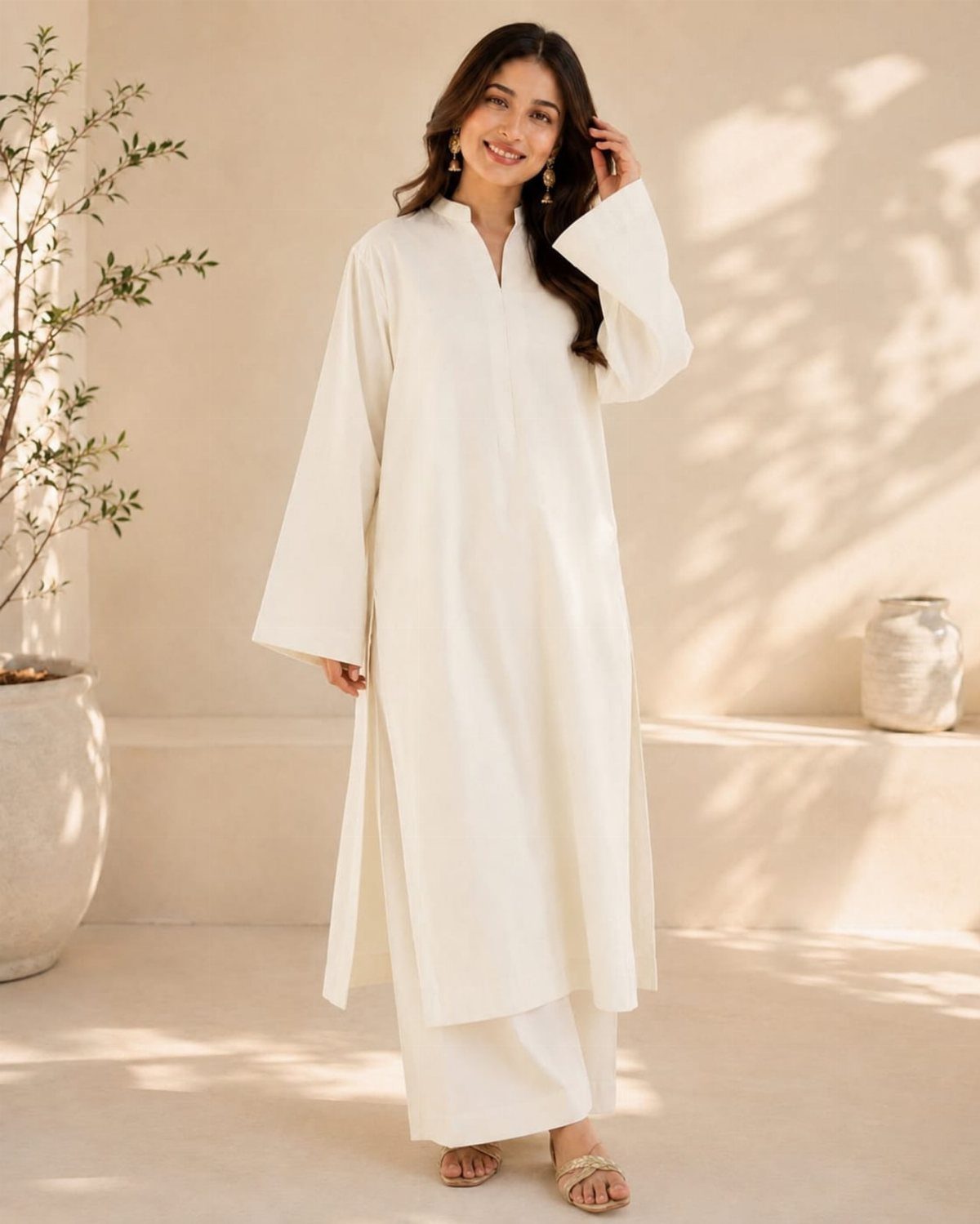 Woman wearing a long white cotton tunic dress and matching trousers in sunlight.