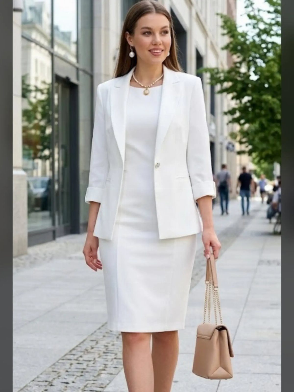 Woman wearing a white cotton dress paired with a matching white blazer and handbag.