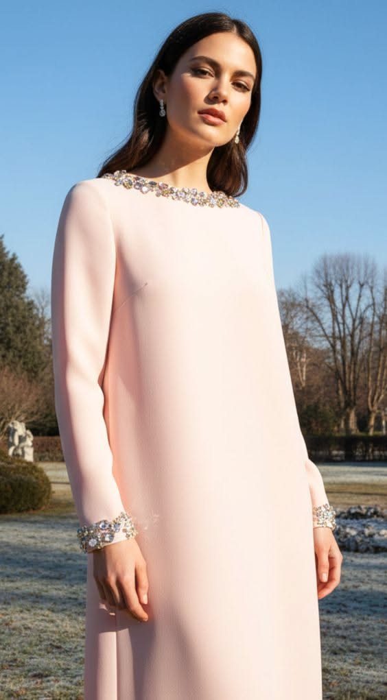 Woman in a pale pink long-sleeved boatneck cocktail dress with crystal embellishments.