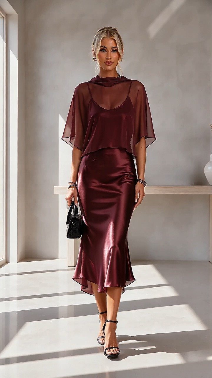 Woman wearing a burgundy satin midi dress with a sheer matching overlay top.
