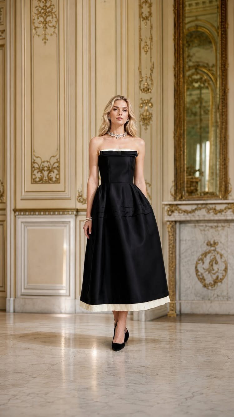 Woman in a strapless black A-line midi dress standing in an ornate room.